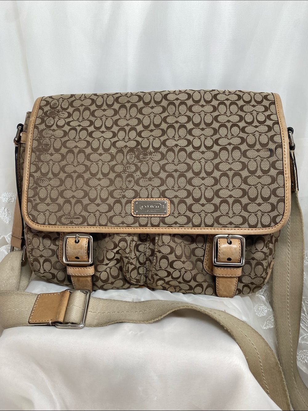 Coach F70283 Signature Monogram Messenger Bag in Brown/Tan